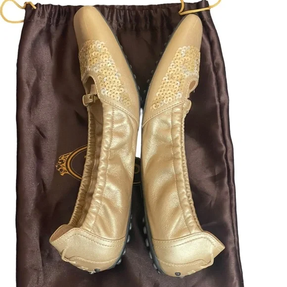 TOD'S Gold and Sequin Square toe flats size 8